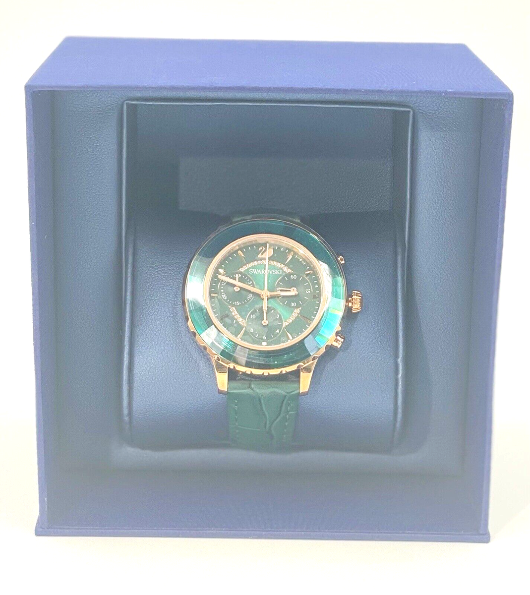 Swarovski Octea Lux Chrono Watch Green Leather Rose Gold Swiss Made 5452498