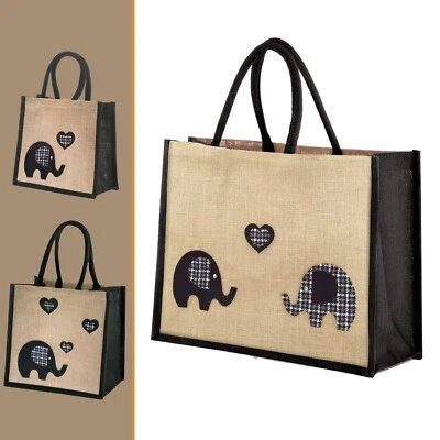 COOCOO Jute Hessian Black Trim Lunch / Shopping Bag / Shopper - Elephant Design