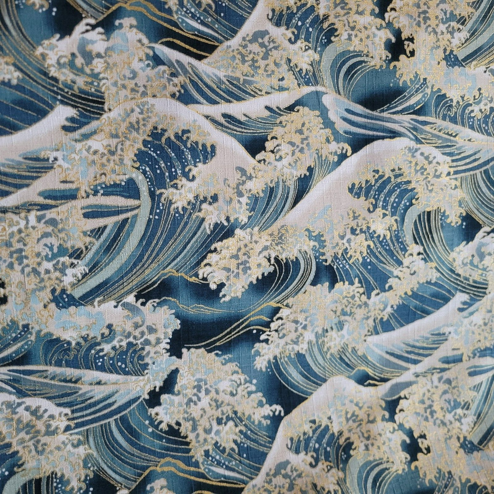 Teal Blue & Gold Great Wave Japanese Cotton Dobby Shirting - 5 Colors-image