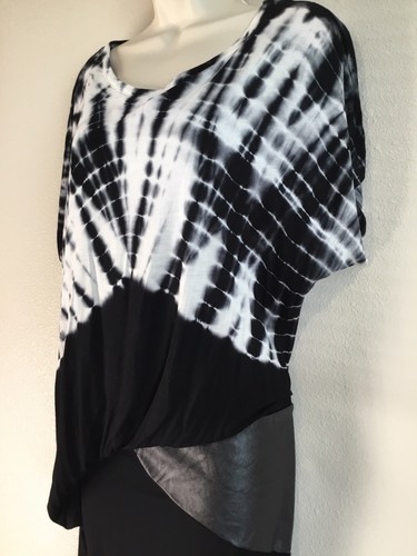 YOUNG FABULOUS & BROKE Black White Tie Dye Dolman Sleeve Soft Knit/Leather Dress - Picture 2 of 9