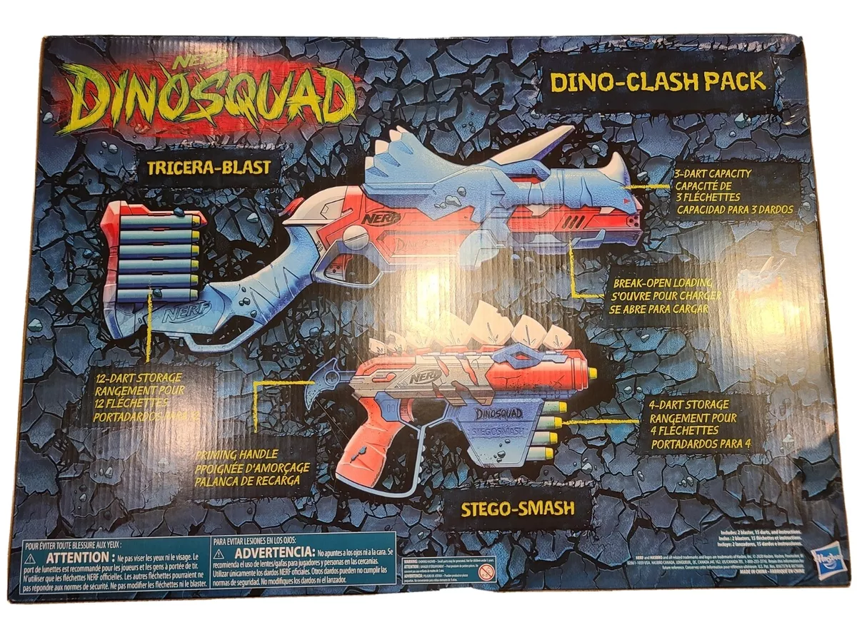 NERF DinoSquad Tricera-Blast Dart Blaster, Break-Open 3-Dart Loading, 12  Official Darts, Dart Storage, Triceratops Dinosaur Design 