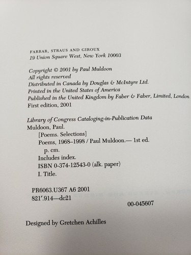 Paul Muldoon Poems 1968-1998 2001 first edition English Language Poet collection - Picture 4 of 11