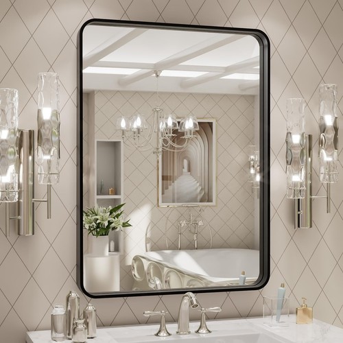 LOAAO 24X32 Inch Black Metal Framed Bathroom Mirror for Wall Matte Black Bath...