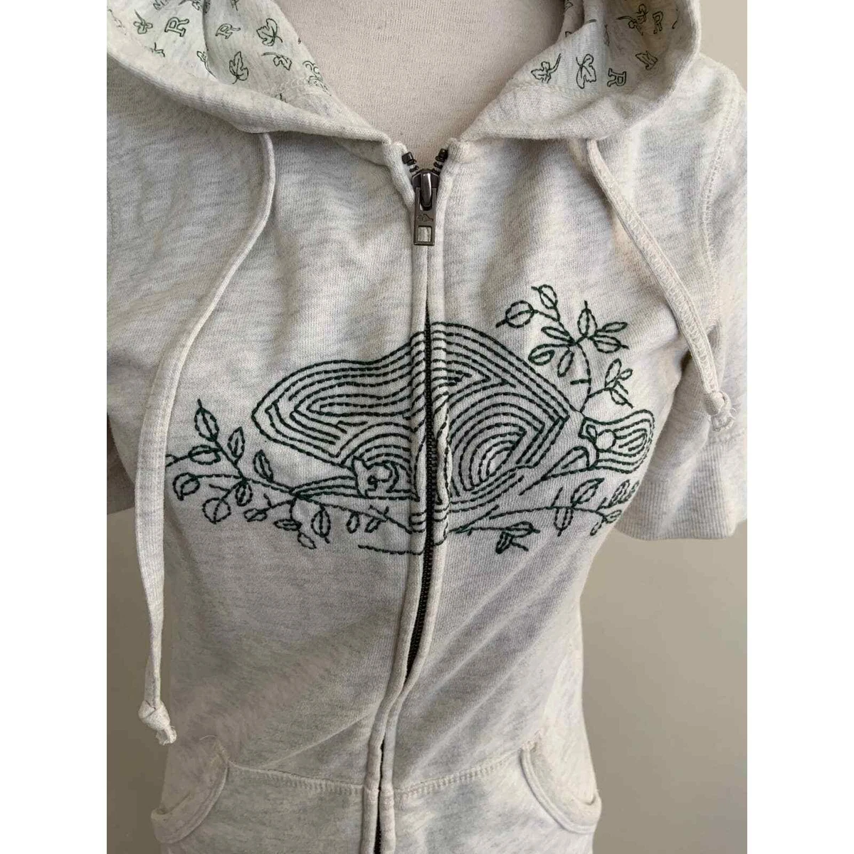 Roots Canada Zip Up Hoodie Jacket Short Sleeve White Logo