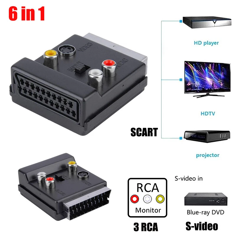 SCHALTBARER SCART STECKER AUF BUCHSE & 3 x Cinch Phono & 4 Pin Mini DIN SVHS TV ADAPTER - Bild 2 von 4