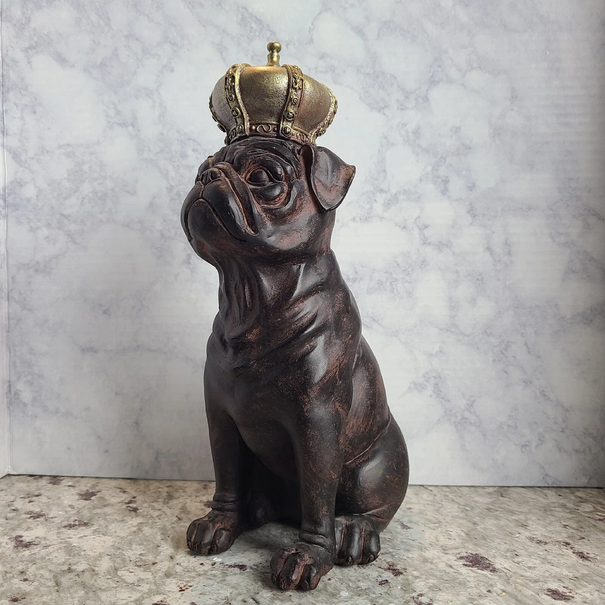 The King of Pet Statue Pug Dog with Golden Crown Unique Decor Gift