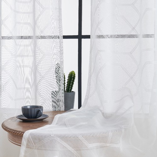 Set of 2 Modern Geometric Embroidered Sheer Curtains with Semi-Transparent Voile - Picture 20 of 31