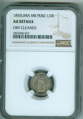 PERU 1855 LIMA MB 1/2 REAL NGC AU DETAILS OBV CLEANED