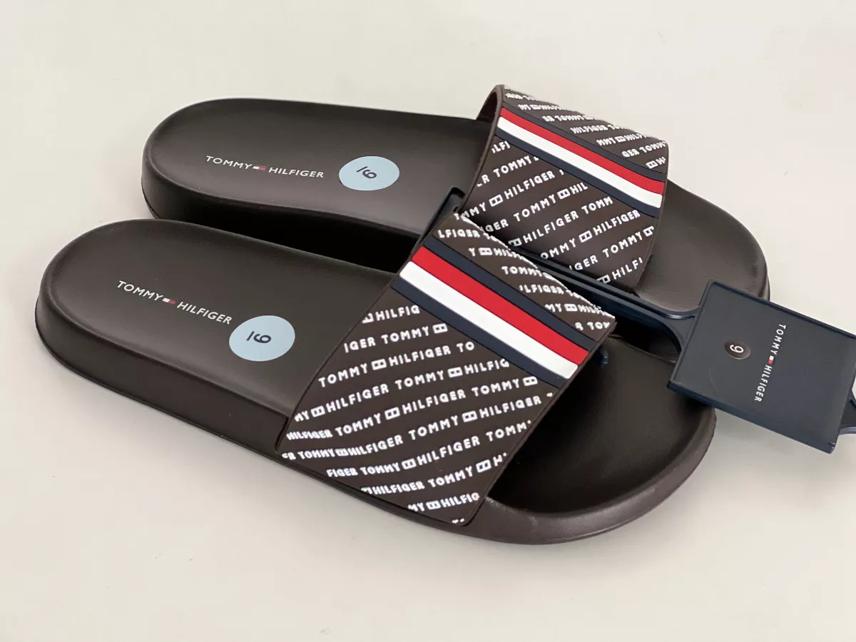 TOMMY HILFIGER DURELL BROWN SLIP ON SLIDES FLIP FLOP SLIPPERS