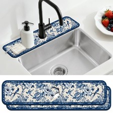 2 Pcs Kitchen Sink Splash Guard Faucet Mats Vintage Porcelain Flowers and Bir...
