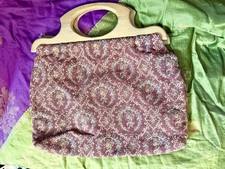 1960s Wooden Handled Carpetbag Purse Burnt Orange Floral