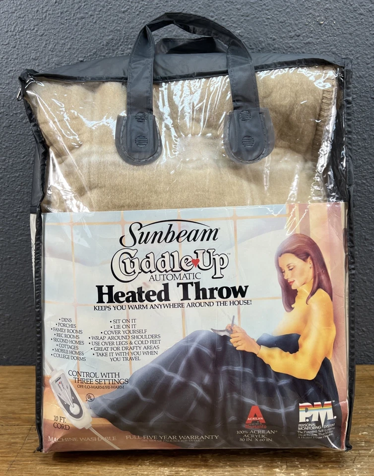 Vintage 1987 Sunbeam Cuddle Up Automatic Heated Throw Beige White Plaid 50”x60” - Image 3 of 4