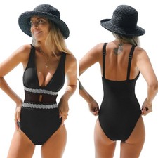 Cupshe Women's Black Embroidered Mesh Plunging One Piece Swimsuit Medium