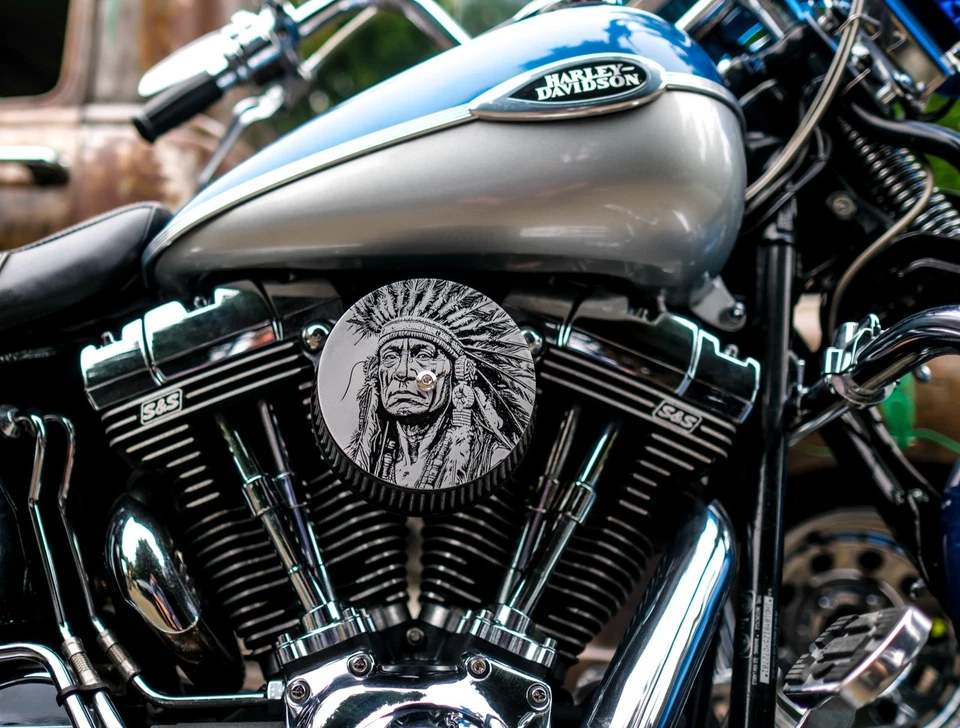Tapa de filtro de aire grabada Indian Chief Harley de un solo agujero grabada de 5,5 pulgadas Foto 3 de 4
