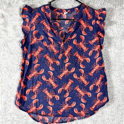 Old Navy Blouse Top Women Medium Blue Linen Lobster Print V-Neck Pullover Summer
