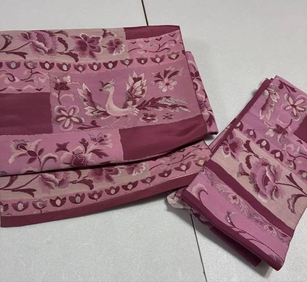 Pink Silk Nagoya Obi with Phoenix Handcrafted Japanese Kimono Belt, One-touch