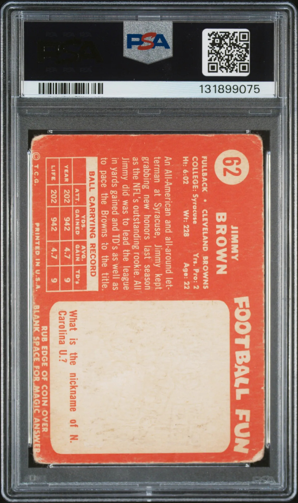 1958 Topps Jim Brown #62 PSA 1 view 2