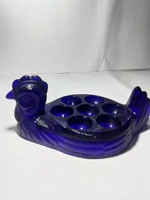 Cobalt Blue Glass Hen Egg Platter Holder Deviled Egg Cobalt Blue Vintage Chicken