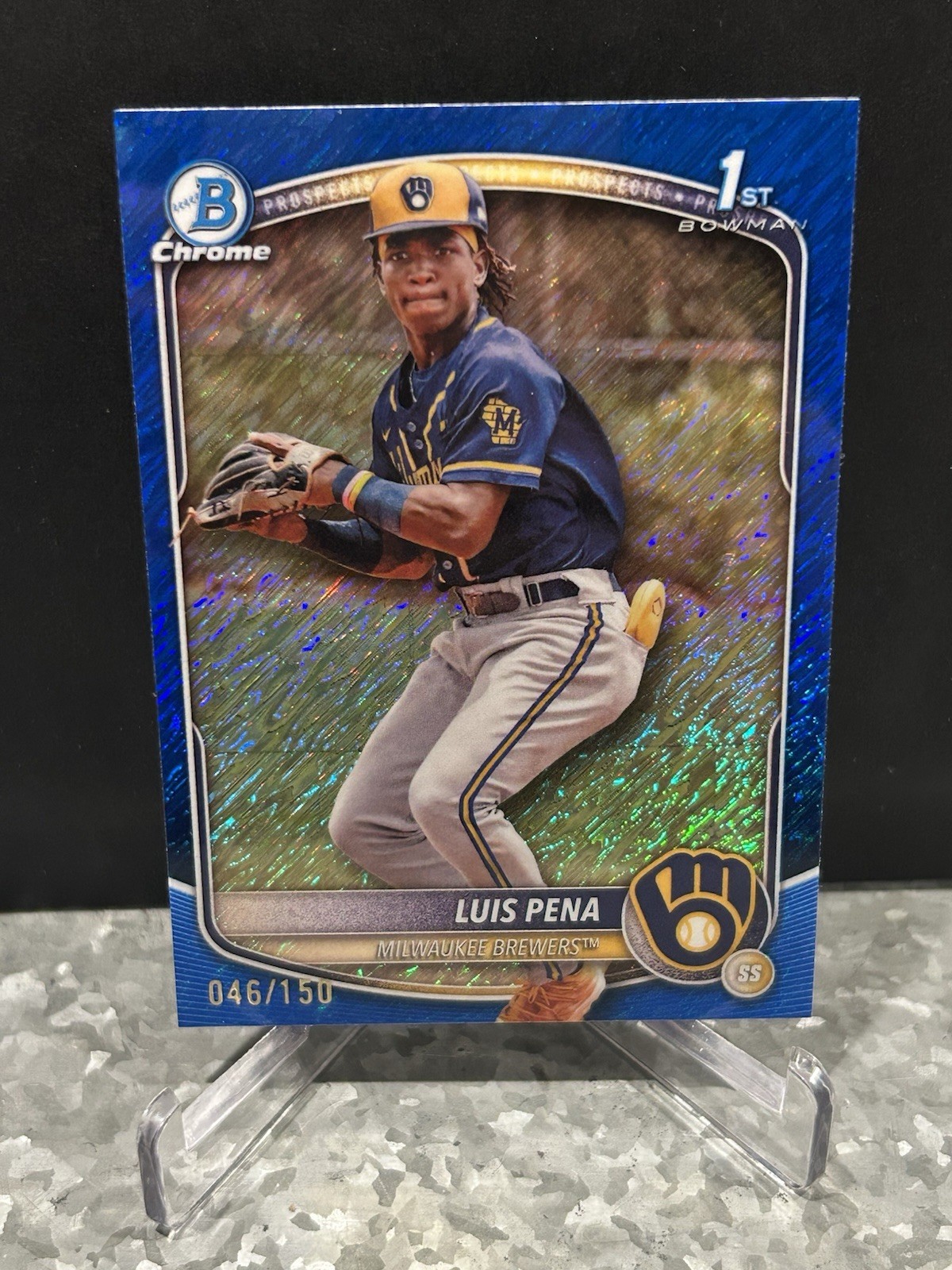 2025 Bowman Chrome 1st Luis Pena Blue Shimmer Refractor 46/150 Brewers SP🔥🔥📈