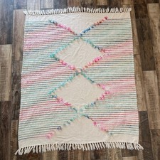 Boho Textured Cotton Throw Blanket Rainbow Striped Fringe Cream 46x60 Handwoven