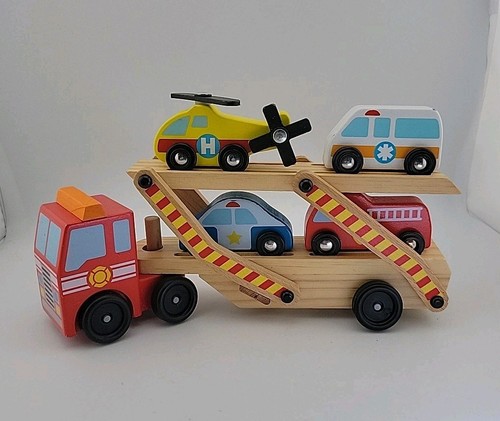 Melissa & Doug EMERGENCY VEHICLE CARRIER Wooden Truck With 4 Rescue Vehicles