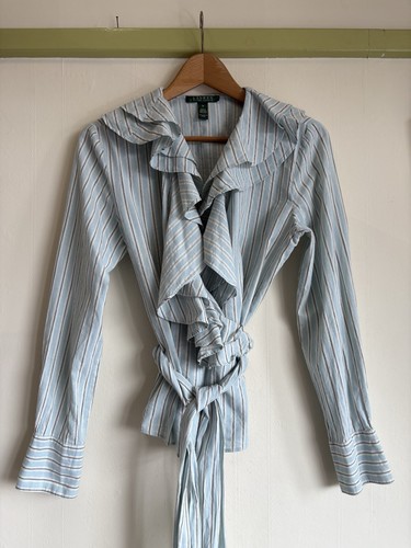 LAUREN RALPH LAUREN Blue Ruffle Wrap Shirt. M. 100% Cotton. Long Waist Ties - Foto 12 di 20