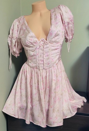 For Love & Lemons Paulina Puff Sleeve Floral Short Mini Dress Large Pink