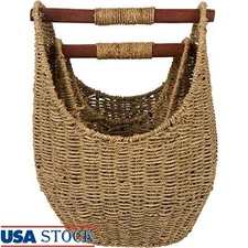 Seagrass Storage Baskets Set W/ Wooden Handles Home Organization Toys Magazines