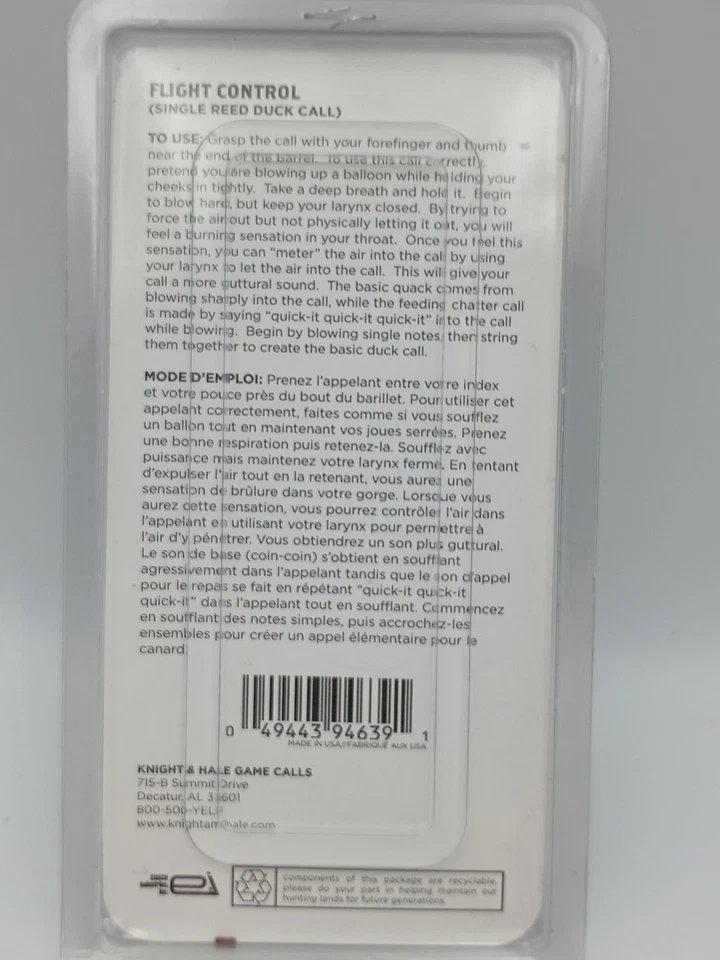 KNIGHT & HALE FLIGHT CONTROL SINGLE REED RASPY  DUCK CALL W/ LANYARD - Image 2 of 2