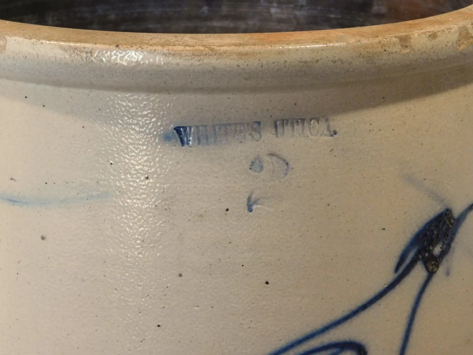 Antique stoneware open crock cobalt running bird Whites Utica NY 2-gallon - Image 3 of 4