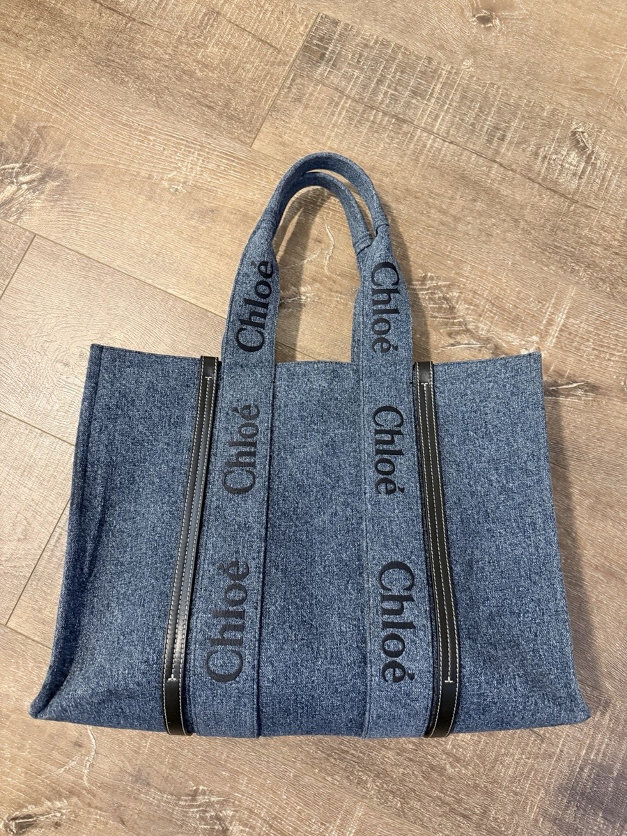 Chloe Denim Calfskin Large Woody Ribbon Big Tote Blue | eBay