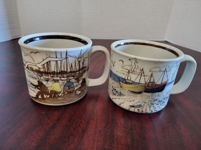 2 Otagiri Ocean Coffee Cups One With Fishermen And One With Boats Run Aground!