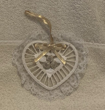 White Hand Crocheted Heart Ornament w/Lace  Gold Flowers  Ribbon 5" - GUC