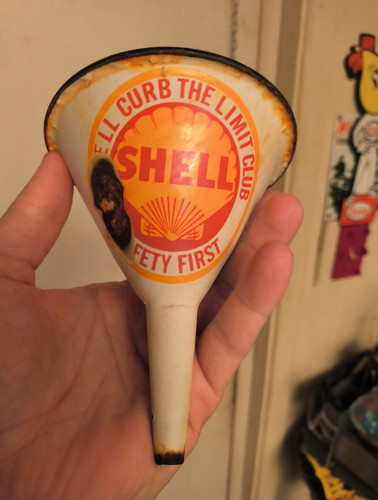 Vintage Shell Gasoline Porcelain Metal Oil Gas Station Funnel Automotive Rare