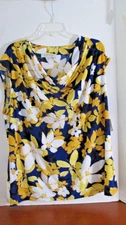 KASPER~ Navy Yellow White FLORAL COWL NECK CAP SLEEVE TOP SHIRT ~Women's 2x ~NWT