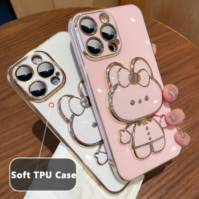 For Samsung Galaxy S25 Ultra S24 S23 S22 S21 S20 Cute Rabbit Mirror Stand Case