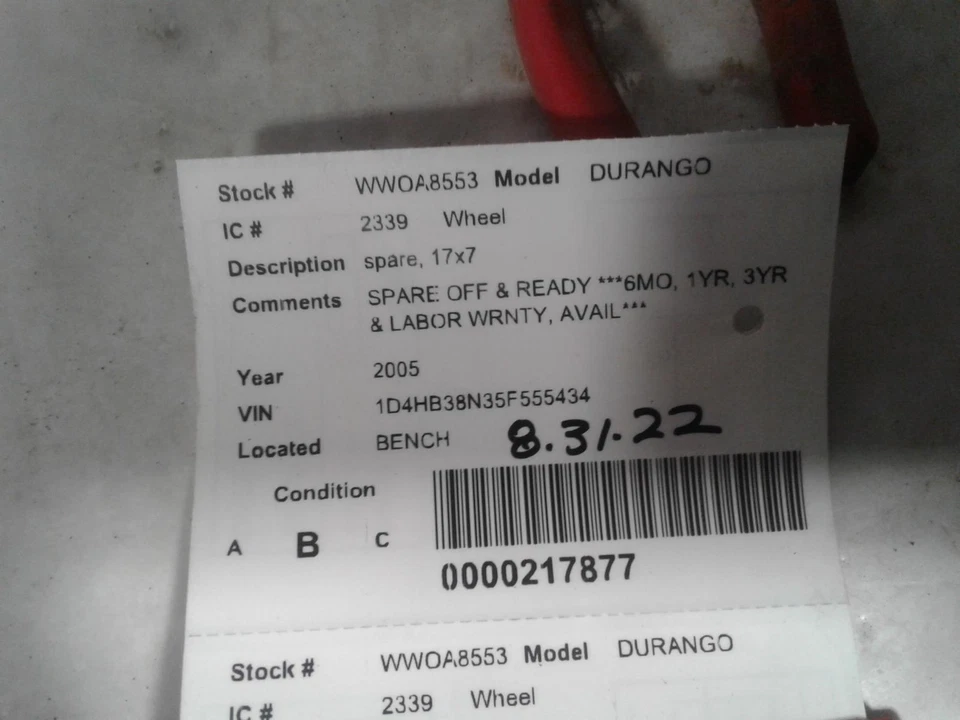 Used Spare Tire Wheel fits: 2005 Dodge Durango 17x7 spare Spare Tire Grade B - Image 2 of 3