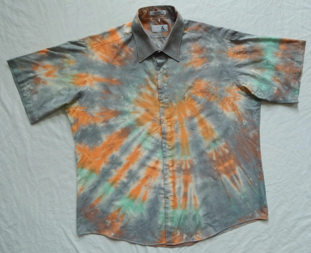 Tie Dye Black Orange Blue Short Sleeve Button Down Shirt - XL Mens Hand  Made 17 | eBay