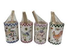 PORTA MESTOLI CUCINA IN CERAMICA DIPINTA MUCCA MAIALE OCA GALLINA + 3 MESTOLI