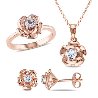 Amour Rose Silver Created White Sapphire Floral Ring, Studs, Pendant & Chain Set