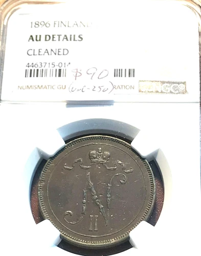 1896 Finland 10 Pennia NGC AU Details (Unc-$250) Scratch-Free Holder CHN