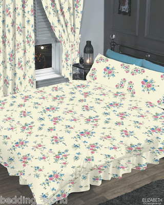 LIZ BLAU CREME BLUMEN ROSA ROSE TRADITIONELLER BETTBEZUG & VOLANT ODER VORHÄNGE