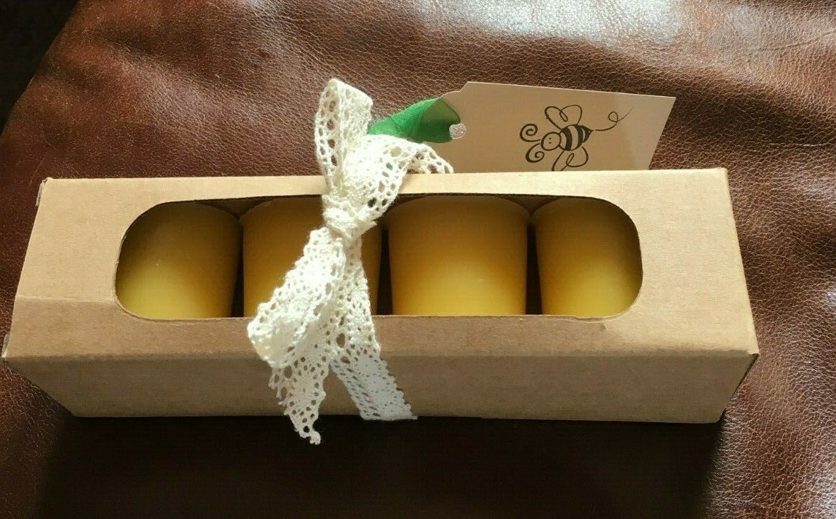 100% PURE BEESWAX CANDLES   4 VOTIVES NATURAL SCENT BOXED SET FREE SHIPPING
