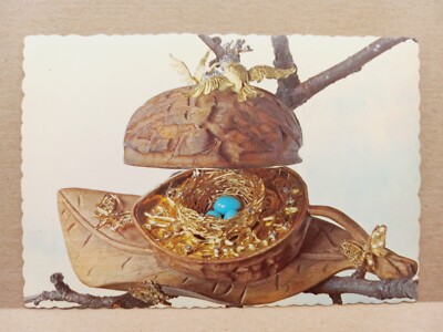 Postcard Deckle Edge Wood Carving Turquoise Eggs Gold Diamond Canary Butterflies