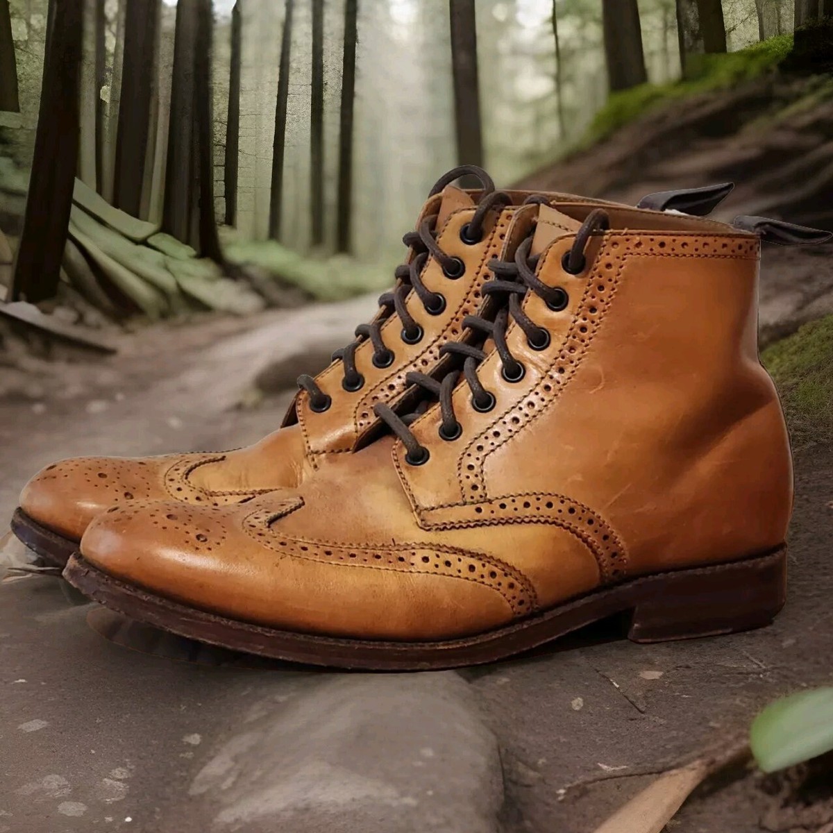 Grenson Sharp Tan Brown Leather Antique Brogue Wingtip Boots