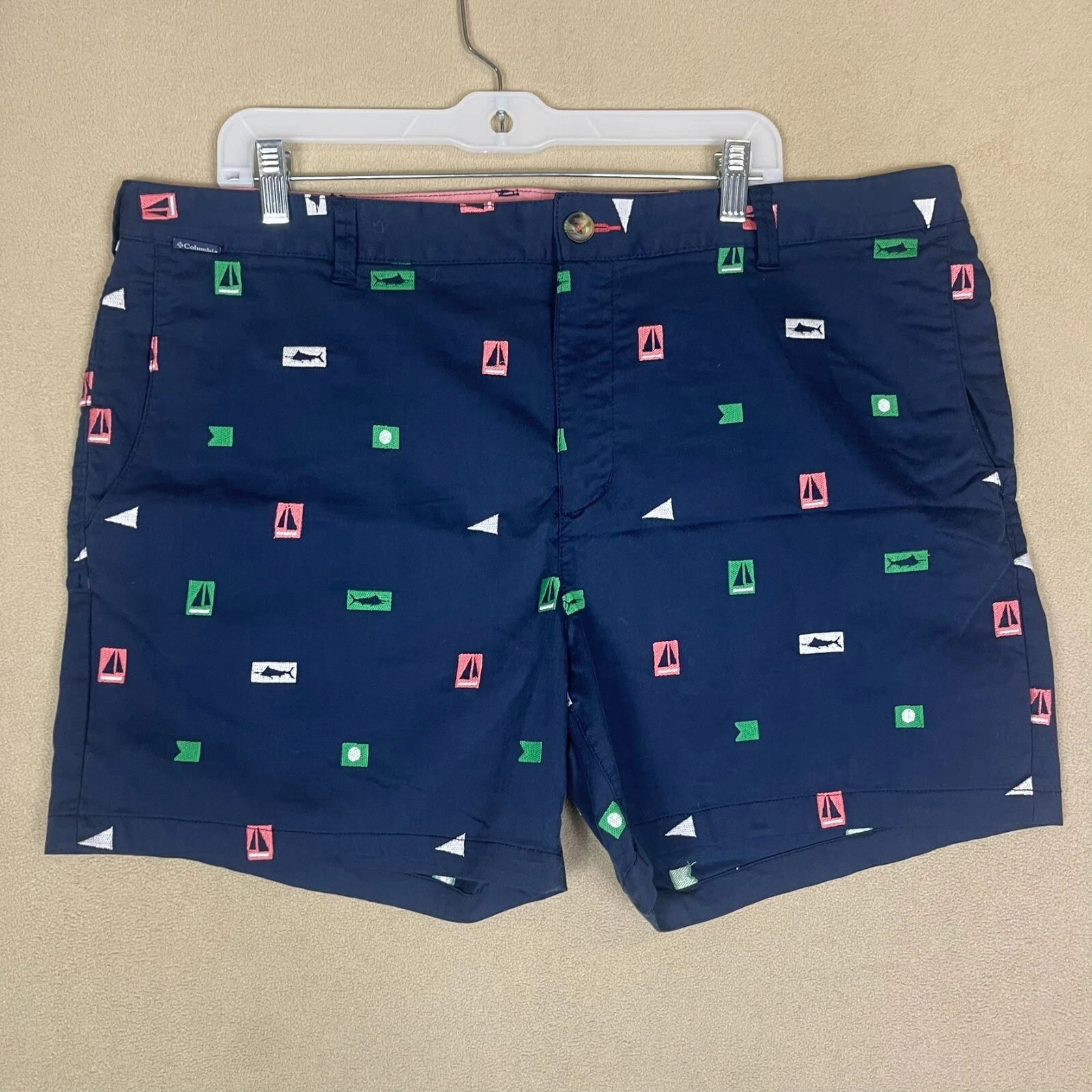 Columbia Shorts Adult 40x6 Blue Marlin Boat Print Embroidered PFG Fishing Mens