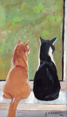 ORIGINAL ART PAINTING TWO HAPPY CATS ORANGE BLACK FELINES WINDO