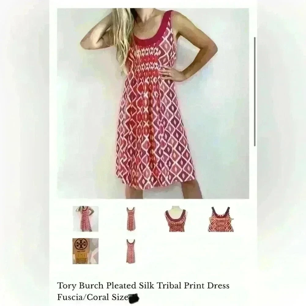 Abito Tory Burch plissettato seta stampa tribale corallo fucsia taglia 0