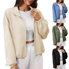 Cropped Sweatshirt for Women Solid Color Zip Front Drawstring Hoodie Style