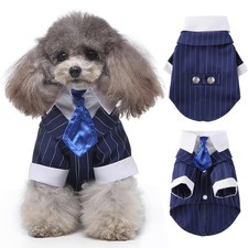 Navy Blue Dog Tuxedo Formal Pinstripe Pet Suit Shirt Satin Tie Small Polyester